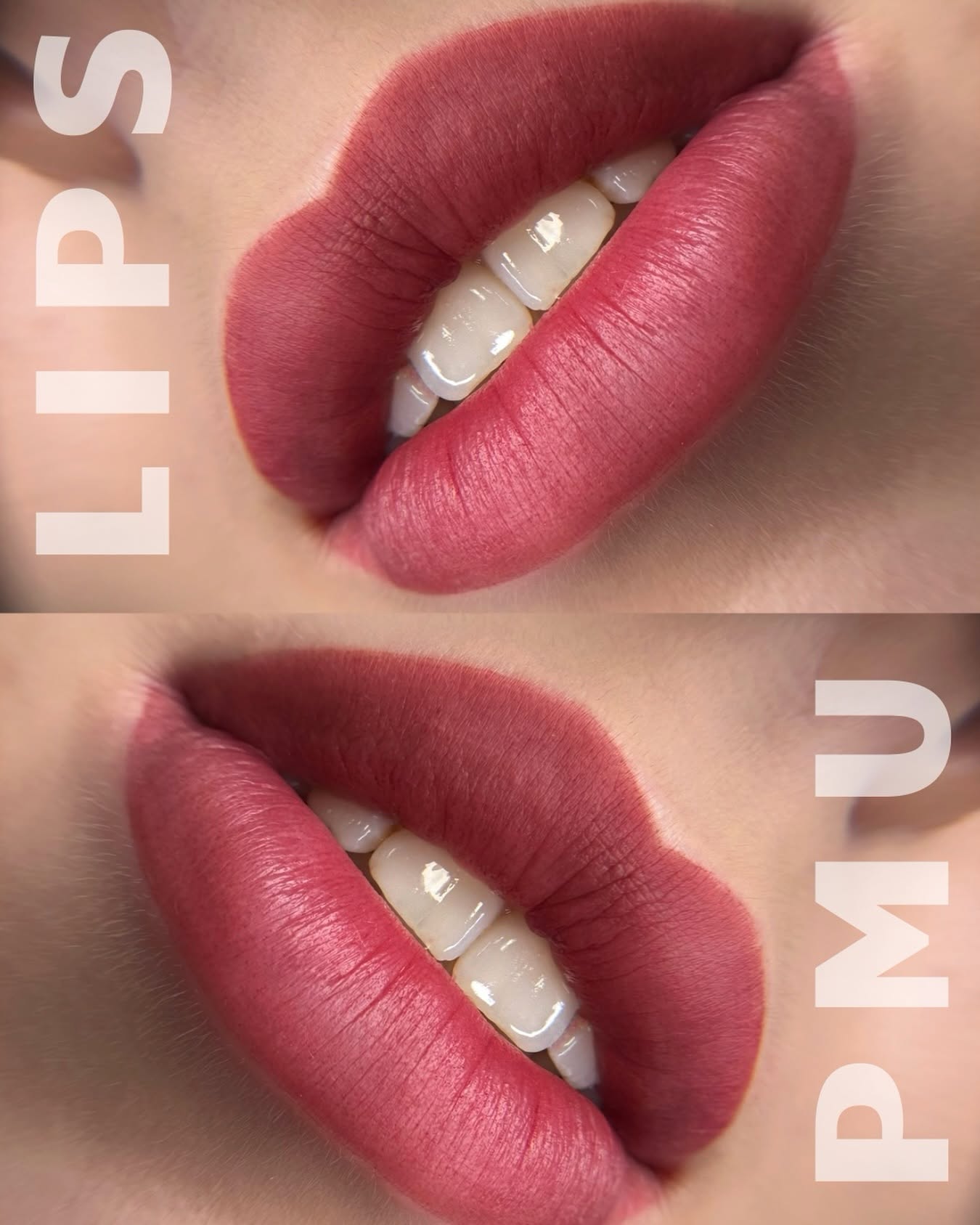 Makijaż permanentny ust w kolorze zgaszonej róży, dwa zbliżenia z napisami LIPS i PMU